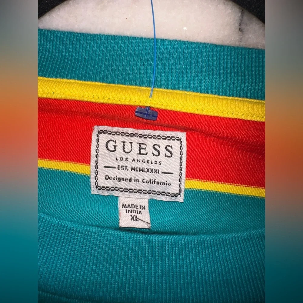 EUC Vintage Guess Size XL Men's Colorful Striped Tee in Red and Teal - Picture 9 of 11